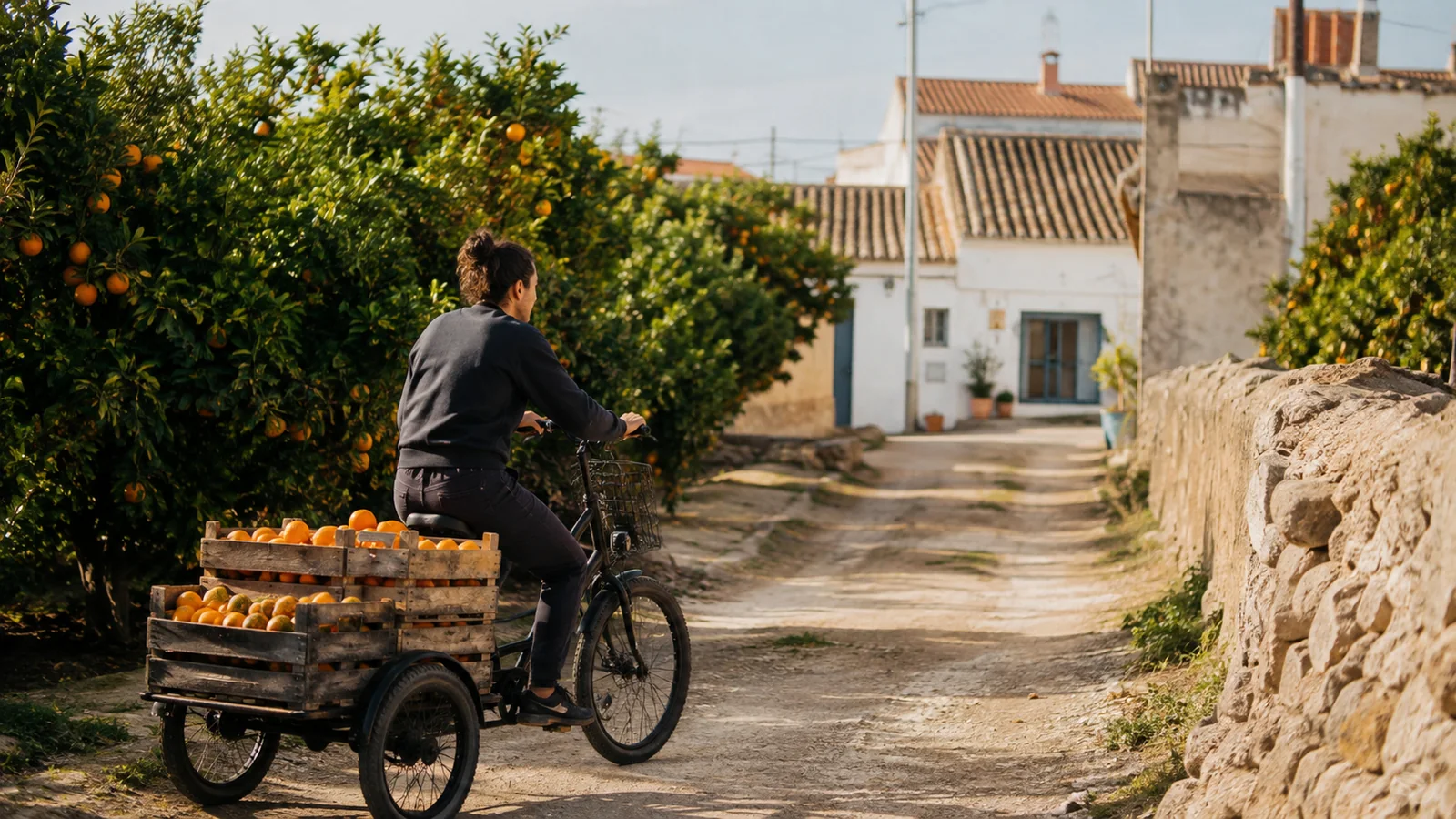 Reparto local de naranjas en bicicleta de carga entre el campo y el pueblo